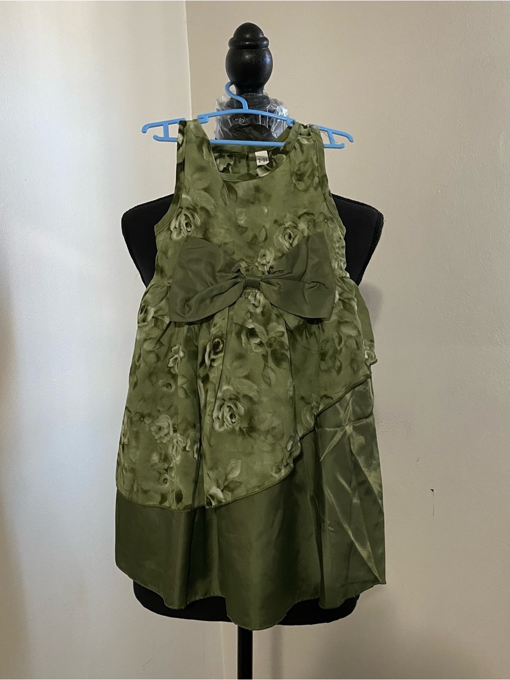 Olive Green Floral Bow Party Dress